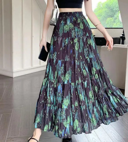 French Vintage Green Floral Ruffled High Waist Vacation Pleated Long Skirt Spring Summe Women Elegant Party Skirt Popular Trendy