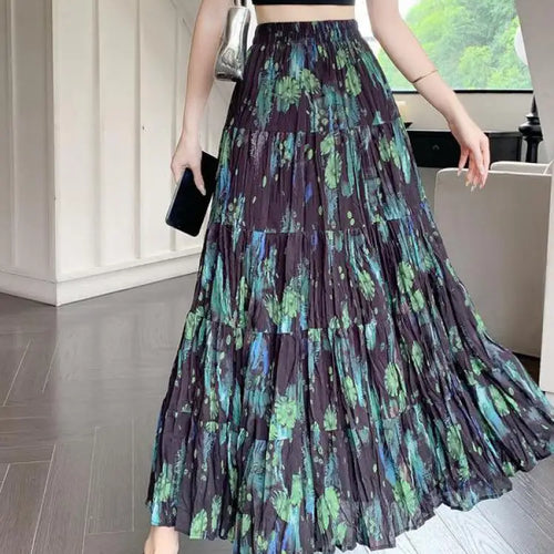Load image into Gallery viewer, French Vintage Green Floral Ruffled High Waist Vacation Pleated Long Skirt Spring Summe Women Elegant Party Skirt Popular Trendy

