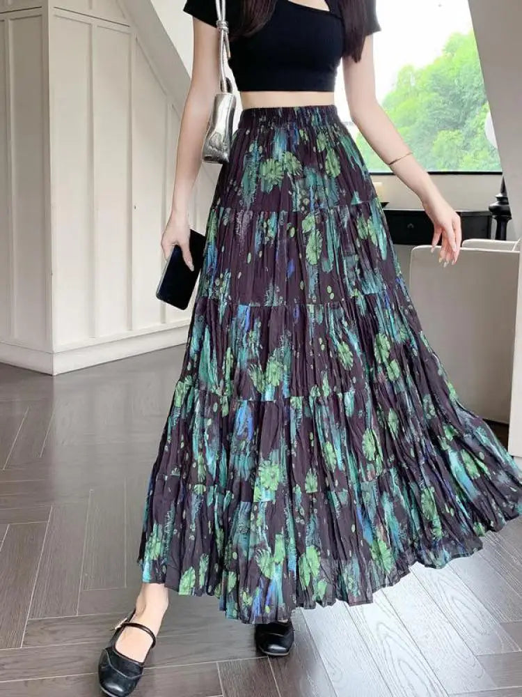 French Vintage Green Floral Ruffled High Waist Vacation Pleated Long Skirt Spring Summe Women Elegant Party Skirt Popular Trendy