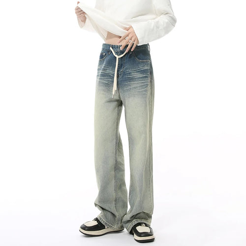 Load image into Gallery viewer, Korean Style Men&#39;s Denim Pants Lace-up Design Gradient Color Mill White Washing Worn-out Straight Leg Male Jeans 2025 9W131
