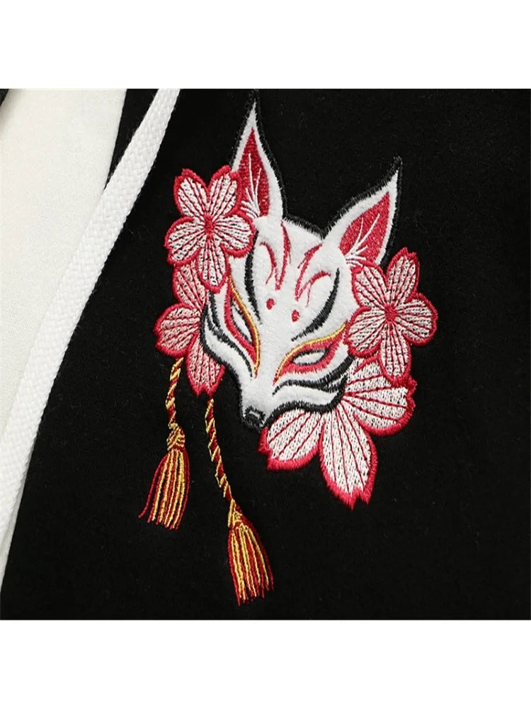 Black Harakuju Fox Embroidery Casual Women Hoodies Winter Flare Sleeve Hooded Sweatshirts Female Korean Pullover Tracksuits