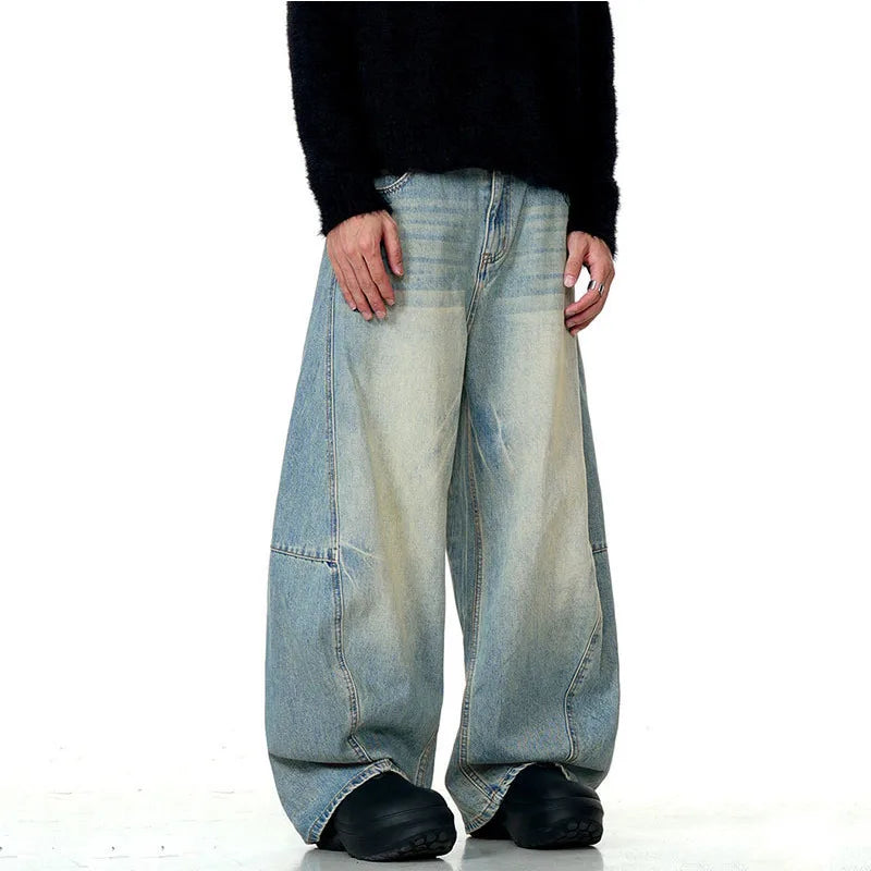 High Street Men's Jeans New American Style Loose Straight Leg Curved Knife Stylish Male Casual Denim Pants Summer 9W1722