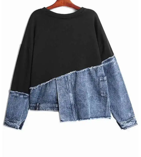 Black Denim Irregular Casual Sweatshirt New Round Neck Long Sleeve Women Big Size Fashion Tide Spring Autumn 2025 1DH5370