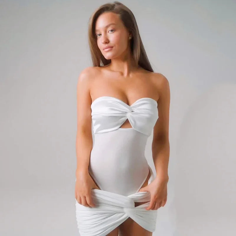 Sexy 2 Pieces Sets For Women Off-shoulder Strapless Hollow Out Bodysuit And Hot Skirt Two Pieces Sets Sexy Suit