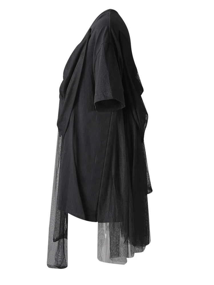 Women Black Mesh Bow Spliced Big Size Long T-shirt New Round Neck Short Sleeve Fashion Tide Spring Summer 2025 CPG3032