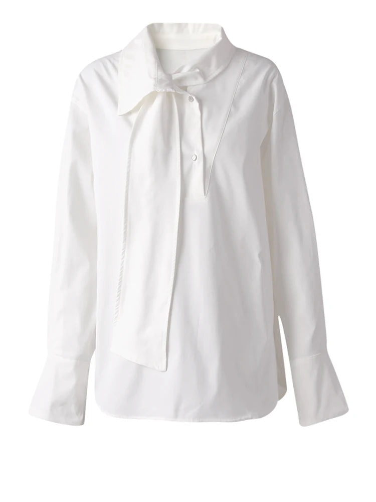 Women Blue Irregular Tie Big Size Elegant Blouse New Lapel Long Sleeve Shirt Fashion Tide Spring Autumn 2025 CPG3075