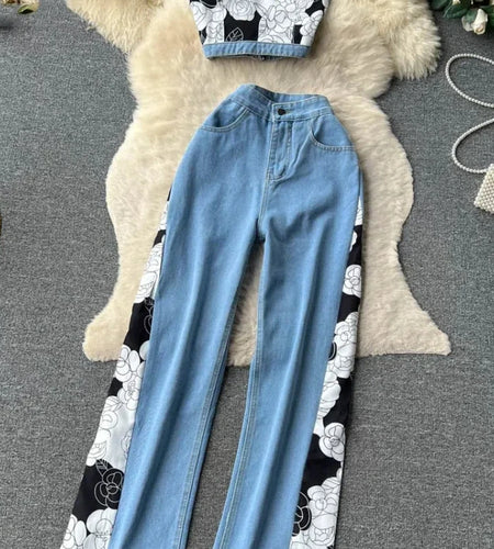 Women Hotsweet Two Pieces Denim Suits Strapless Mini Zipper Top+Wide Legs Long Pants Painting Fashion Y2K Sexy Sets