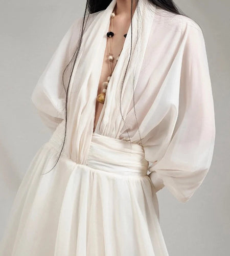 Loose Sheer Spliced Folds Sexy Dresses for Women V Neck Long Sleeves High Waist Fashion Dress Female Clothing New