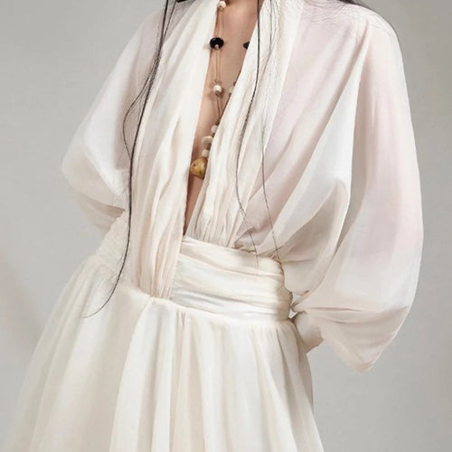 Load image into Gallery viewer, Loose Sheer Spliced Folds Sexy Dresses for Women V Neck Long Sleeves High Waist Fashion Dress Female Clothing New
