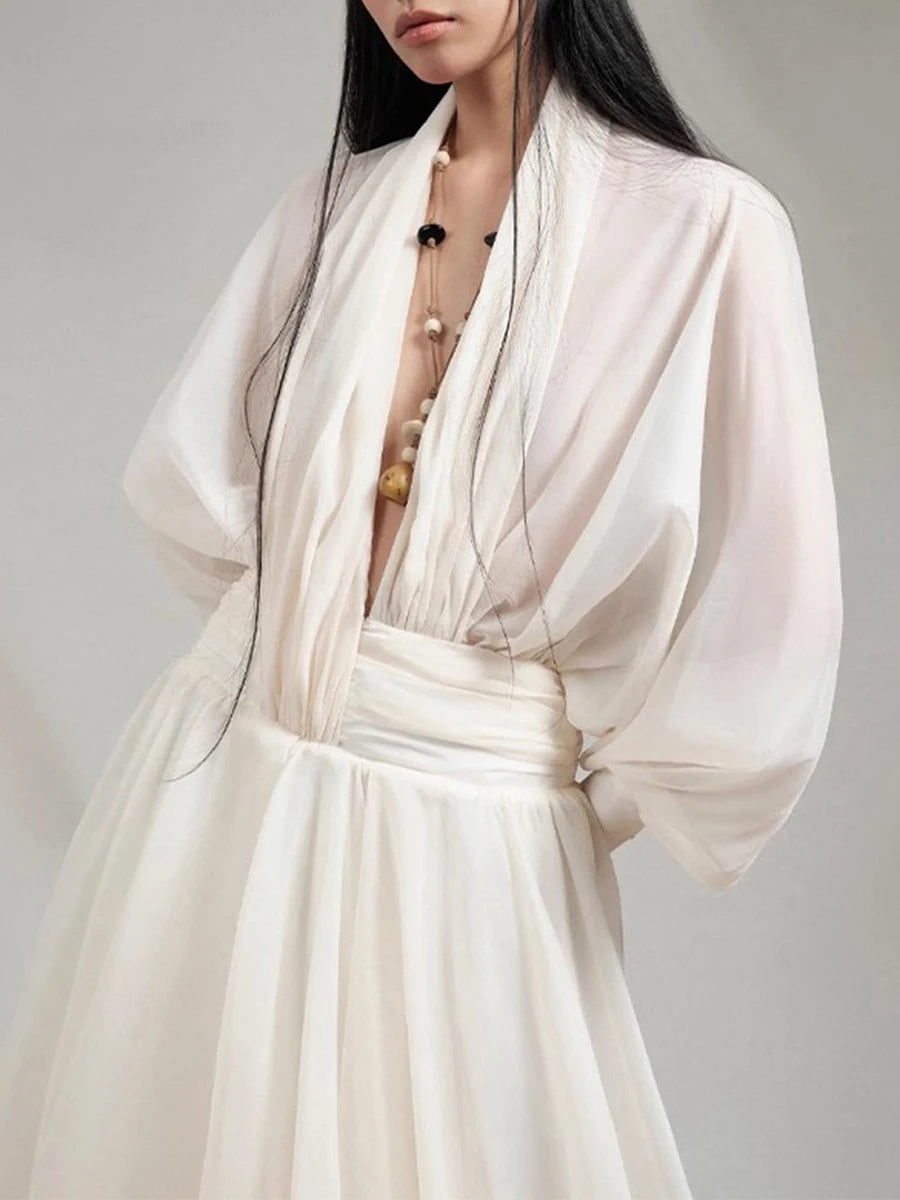 Loose Sheer Spliced Folds Sexy Dresses for Women V Neck Long Sleeves High Waist Fashion Dress Female Clothing New