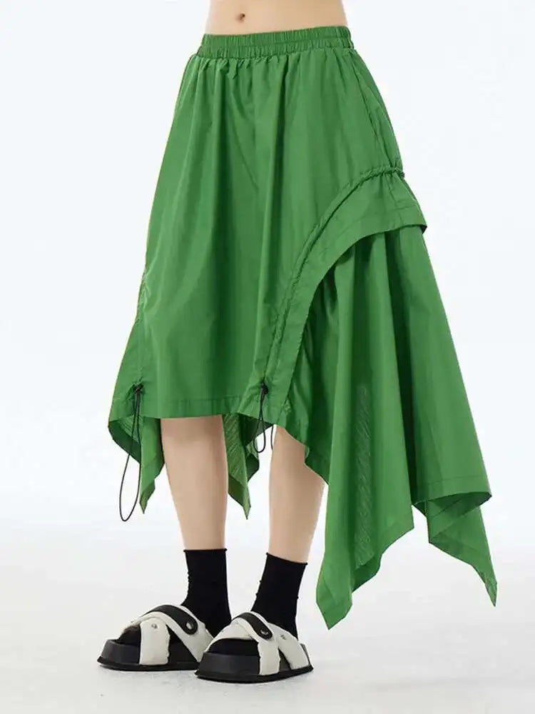 High Elastic Waist Green Irregular Hem Drawstring Half-body Skirt Women Fashion Tide New Spring Autumn 2025 1DH6545