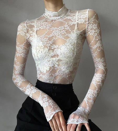 Fashion Elegant White Lace Top Cropped Stand Collar Slim Sexy T-shirts Female Transparent Thin Party Shirt Smock Chic