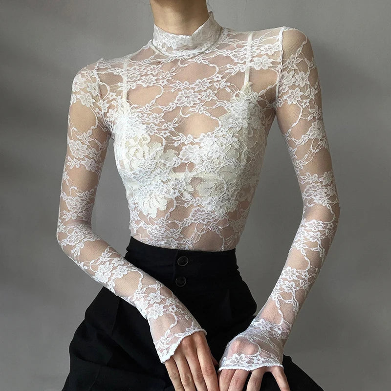Fashion Elegant White Lace Top Cropped Stand Collar Slim Sexy T-shirts Female Transparent Thin Party Shirt Smock Chic