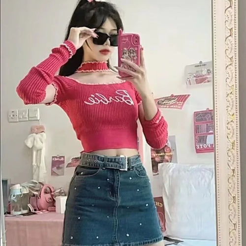 Load image into Gallery viewer, Y2k Embroidery Kni Pullovers Women Spring Letter T Shirt Korean Sexy Crop Off Shoulder Top Korean Fashion Kpop
