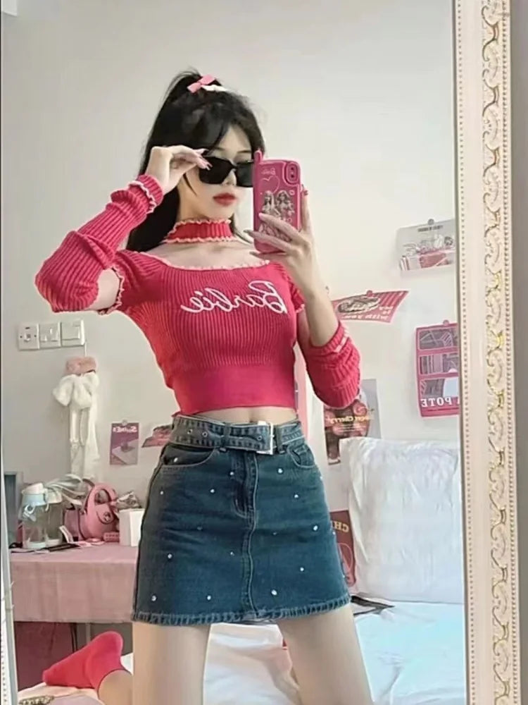 Y2k Embroidery Kni Pullovers Women Spring Letter T Shirt Korean Sexy Crop Off Shoulder Top Korean Fashion Kpop
