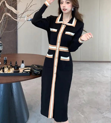 Autumn Winter French Black Patchwork Striped Long Sleeves Knitted Dresses Women's Elegant Single Breasted Holiday Wrap Hip Dress