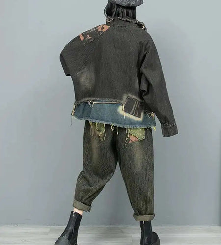 Big Size Denim  Jacket Wide Leg Pants Two Piece Suit New Lapel Long Sleeve Women Fashion Tide Spring Autumn 2025 1DH9117