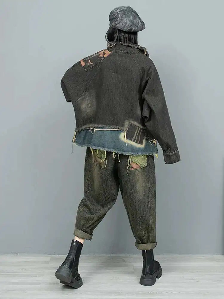 Big Size Denim  Jacket Wide Leg Pants Two Piece Suit New Lapel Long Sleeve Women Fashion Tide Spring Autumn 2025 1DH9117