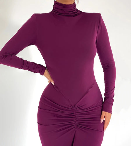 High Neck Long Sleeve Elastic Tight Dress For Women Folds Bodycon Wrap Hip Midi Dress Female Party Club Evening Dress