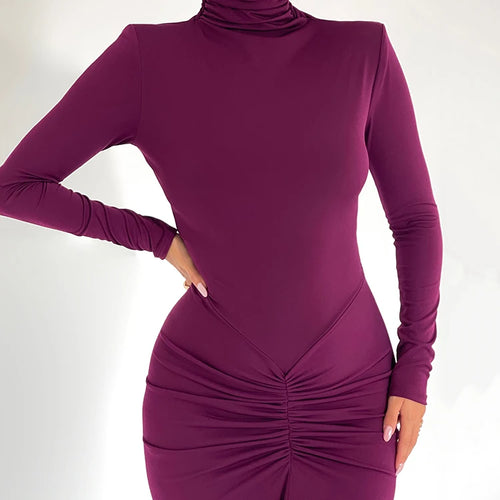 Load image into Gallery viewer, High Neck Long Sleeve Elastic Tight Dress For Women Folds Bodycon Wrap Hip Midi Dress Female Party Club Evening Dress
