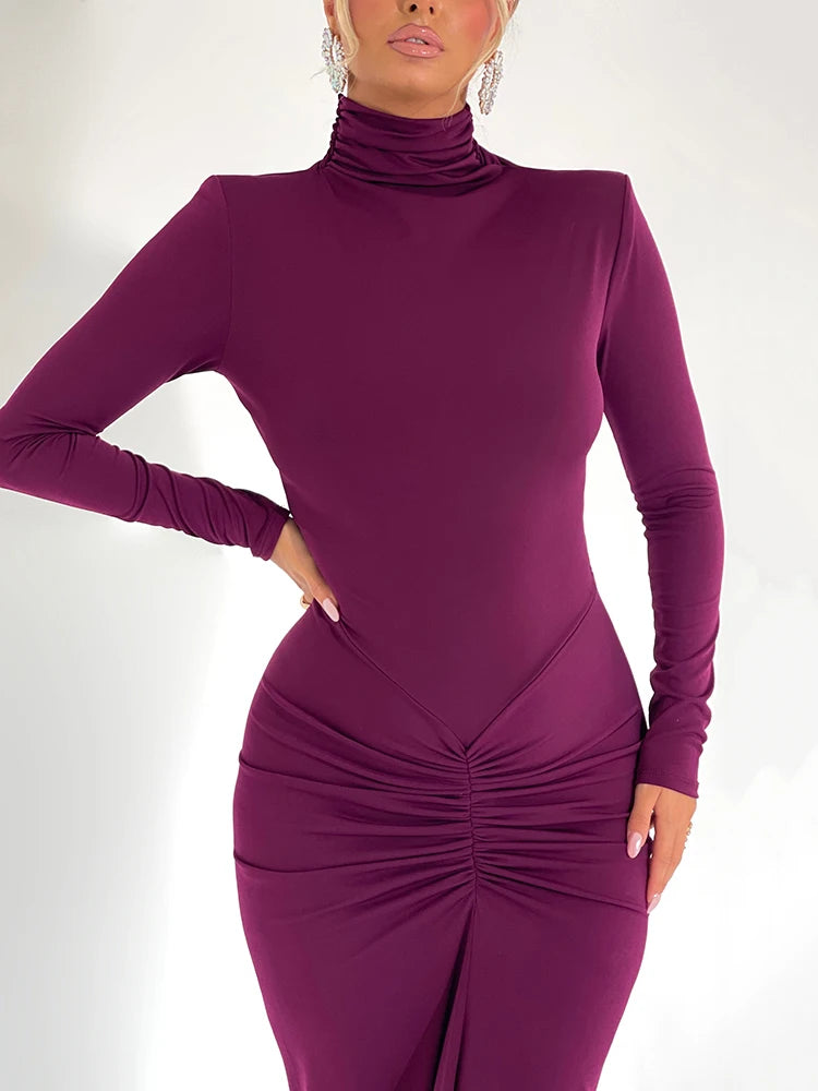 High Neck Long Sleeve Elastic Tight Dress For Women Folds Bodycon Wrap Hip Midi Dress Female Party Club Evening Dress