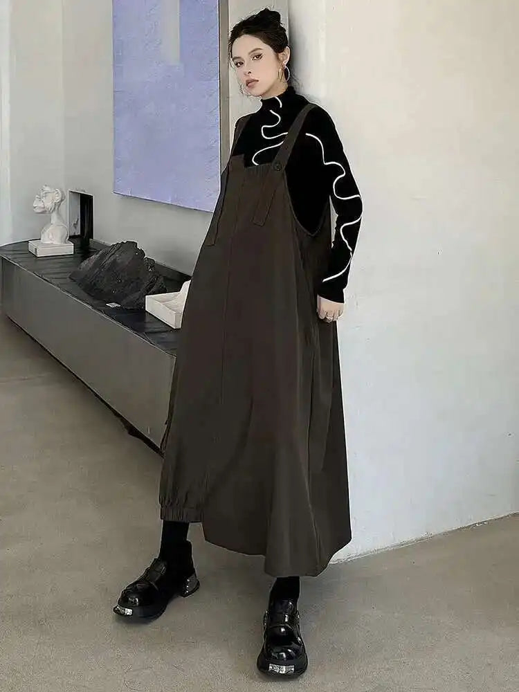 Women Coffee Irregular Spliced Big Size Strap Dress New Square Collar Sleeveless Fashion Tide Spring Autumn 2025 1DJ0050