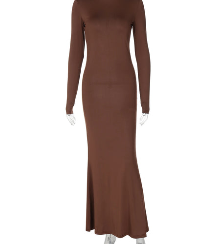 Elegant Turtleneck Solid Long Sleeve Hollow Out Button Sexy Bodycon Maxi Prom Dress Women Fall Outfits Birthday Wedding