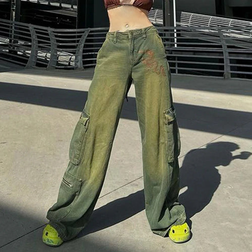 Load image into Gallery viewer, Grunge Fairycore Cargo Pants Denim Y2K Aesthetic Chic Dragon Embroidery Women Jeans Baggy Distressed Chic Trousers
