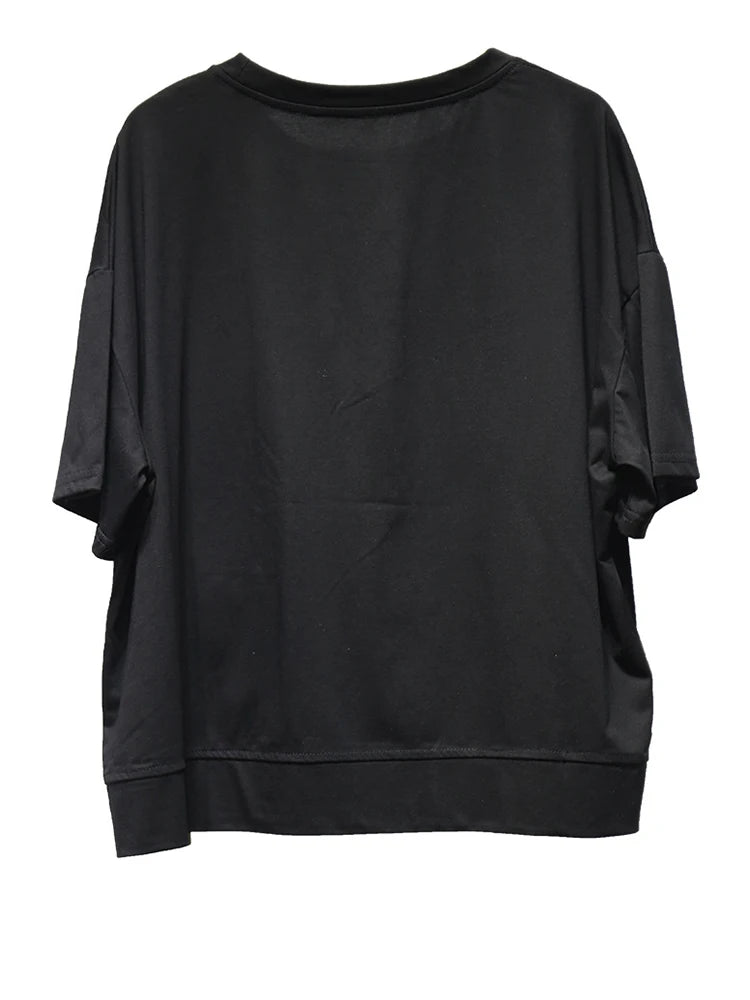 Women Black Pocket Spliced Big Size Casual T-shirt New Round Neck Short Sleeve Fashion Tide Spring Summer 2025 1DJ0898