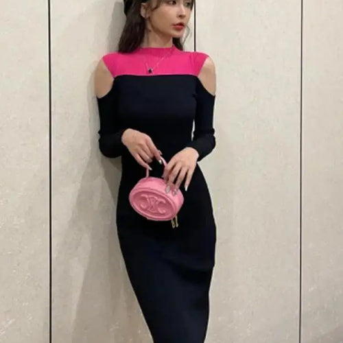 Load image into Gallery viewer, French Women Elegant Patchwork Off Shoulder Split Knit Dress Autumn Office Long Sleeve Slim Ladies Fashion Wrap Hip Dresses Chic
