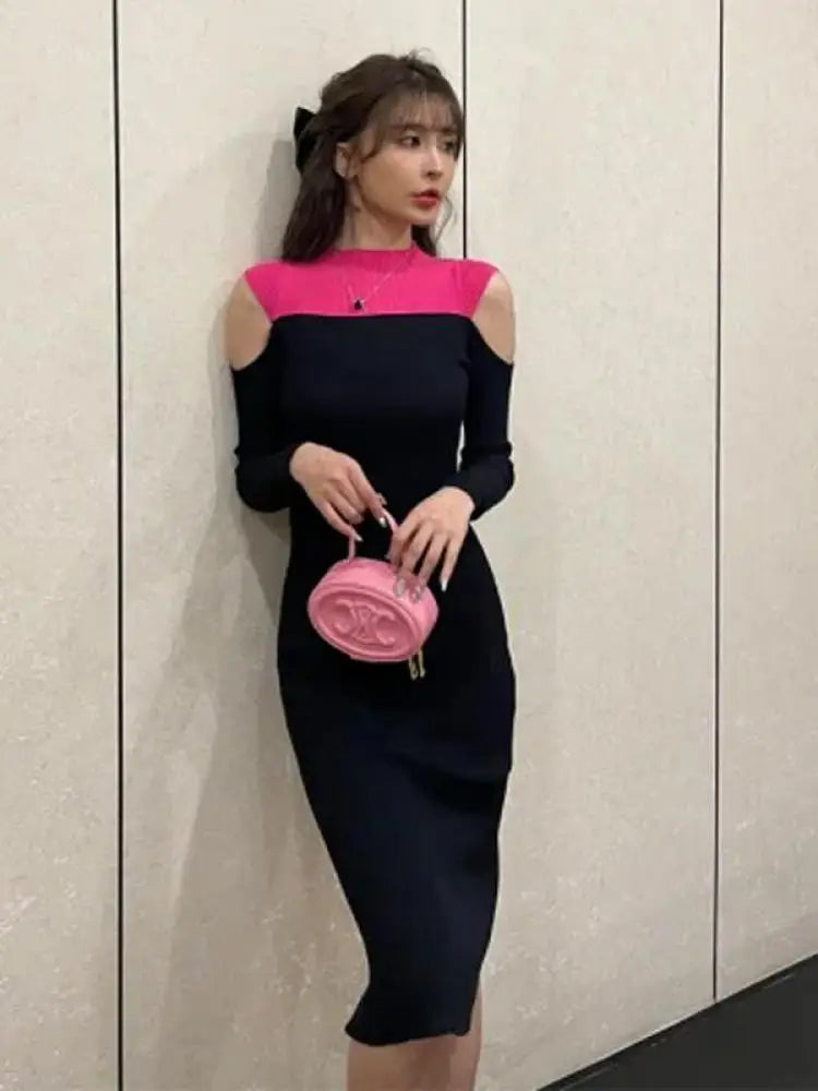 French Women Elegant Patchwork Off Shoulder Split Knit Dress Autumn Office Long Sleeve Slim Ladies Fashion Wrap Hip Dresses Chic
