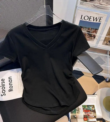 Summer Fashion 2025 New Solid V Neck Chic Pleated T Shirt Women Casual Slim Short Sleeves Tops Fashion Trend Clothing Simplicity