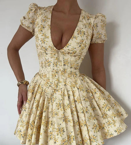 Deep V Neck Print Sexy Mini Dress For Women Fashion Lace-up Short Sleeve A-line Pleated Dress Elegant New Clothes