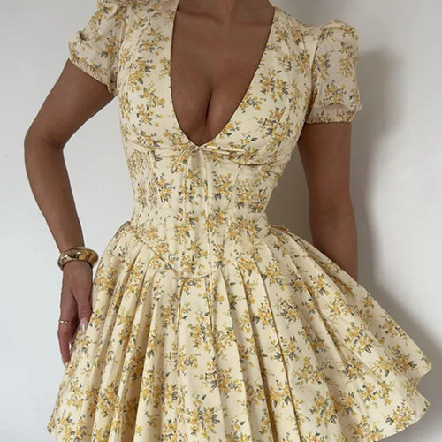 Load image into Gallery viewer, Deep V Neck Print Sexy Mini Dress For Women Fashion Lace-up Short Sleeve A-line Pleated Dress Elegant New Clothes
