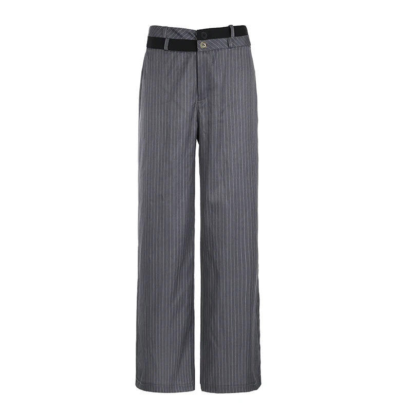 Harajuku Stripe Patched Straight Leg Women Suit Pants Streetwear Basic Office Ladies Trousers Contrast Color Outfits