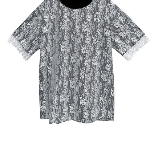 Load image into Gallery viewer, Women Black Lace Spliced Big Size Long Casual T-shirt New Round Neck Short Sleeve Fashion Tide Spring Summer 2025 1DJ1369
