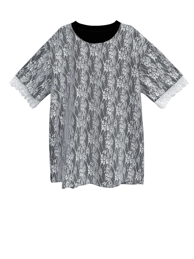 Women Black Lace Spliced Big Size Long Casual T-shirt New Round Neck Short Sleeve Fashion Tide Spring Summer 2025 1DJ1369