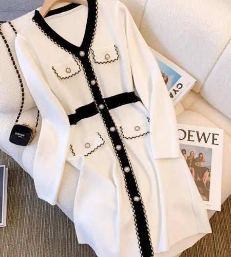 Autumn Winter Black White Patchwork Long Sleeves Knitted Dress French Women's Elegant Single Breasted Office Dress Fashion Trend