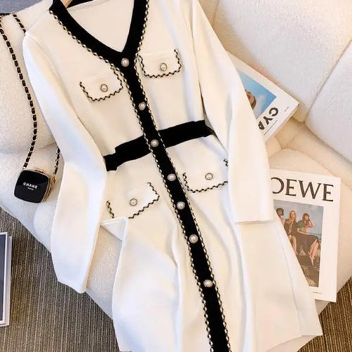 Load image into Gallery viewer, Autumn Winter Black White Patchwork Long Sleeves Knitted Dress French Women's Elegant Single Breasted Office Dress Fashion Trend
