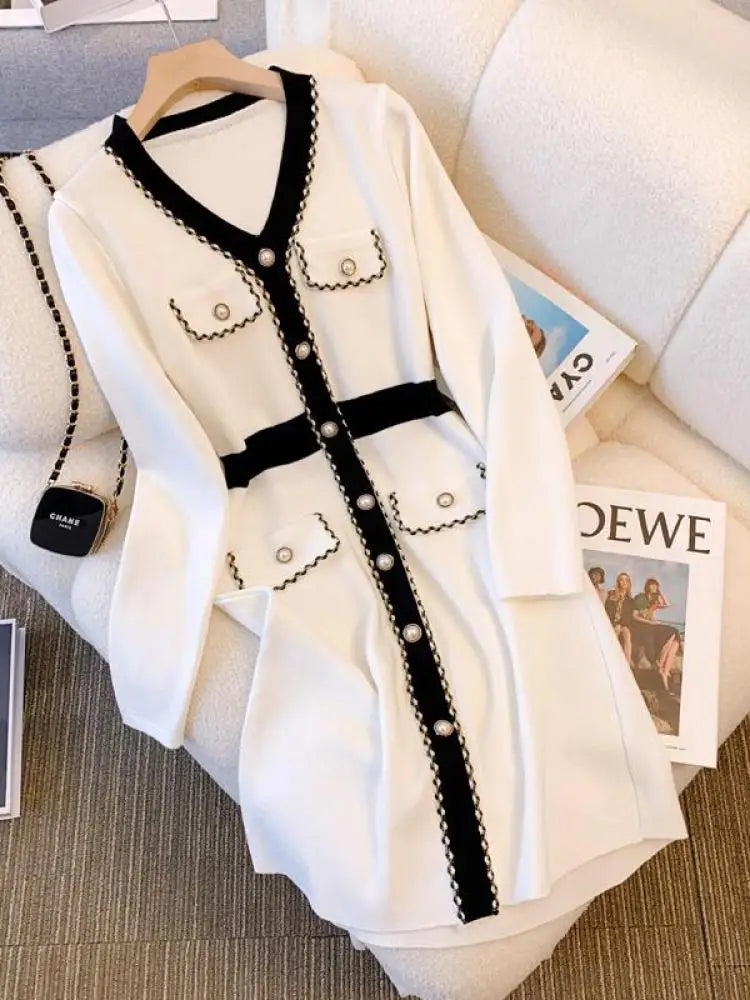 Autumn Winter Black White Patchwork Long Sleeves Knitted Dress French Women's Elegant Single Breasted Office Dress Fashion Trend