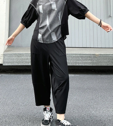 Women Black Striped Color-block Big Size T-shirt New Round Neck Half Sleeve Fashion Tide Spring Summer 2025 1DJ1568