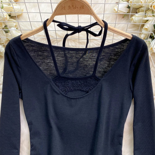 Load image into Gallery viewer, Korean Women's Black Hollow Out Halter Lace-up Short T Shirt Autumn Long Sleeve Slim Pullover Tops Simplicity Popular Clothing
