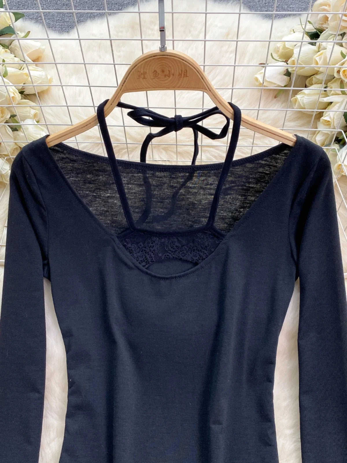 Korean Women's Black Hollow Out Halter Lace-up Short T Shirt Autumn Long Sleeve Slim Pullover Tops Simplicity Popular Clothing