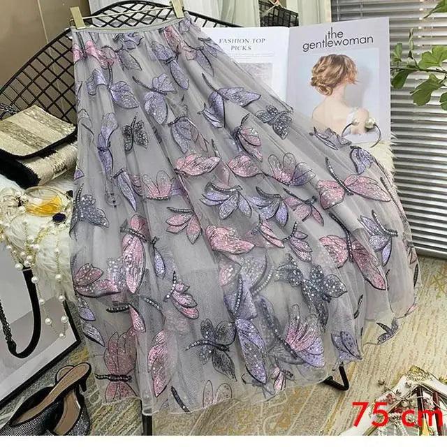 Sequin Mesh Embroidery Dragonfly Long Skirt Women's Spring And Summer Slim High Waist Pleated Sweet  Midi Tulle Skirts Female