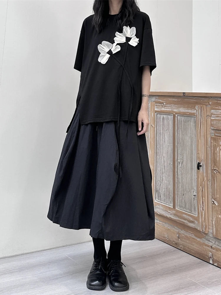 Women Black Flower Ruffles Big Size Irregular T-shirt New Round Neck Short Sleeve Fashion Tide Spring Summer 2025 1DF9643