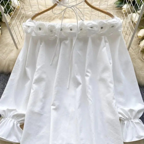 Load image into Gallery viewer, Autumn Korean Fashion Solid Diamond Floral Decoration Shirt Women Long Sleeves Off Shoulder Top Versatile Single Breasted Blouse
