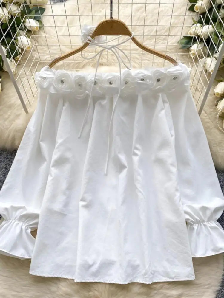 Autumn Korean Fashion Solid Diamond Floral Decoration Shirt Women Long Sleeves Off Shoulder Top Versatile Single Breasted Blouse