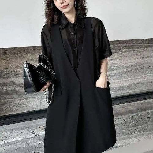 Load image into Gallery viewer, Women Black Pocket Perspective Big Size Mini Shirt Dress New Lapel Half Sleeve Fashion Tide Spring Autumn 2025 1DH5144
