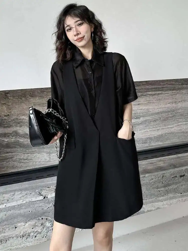 Women Black Pocket Perspective Big Size Mini Shirt Dress New Lapel Half Sleeve Fashion Tide Spring Autumn 2025 1DH5144