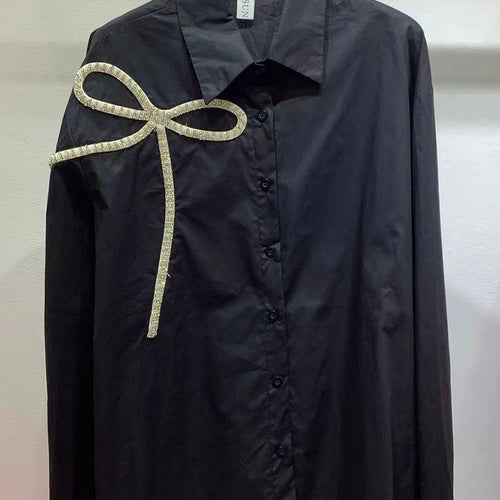 Load image into Gallery viewer, Solid Spliced Diamonds Loose Blouses For Women Lapel Long Sleeve Loose Casual Temperament Shirt Female Fashion New
